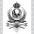 Skull front view without a lower jaw in center of floral wreath with cross halberd under. Heraldic vintage label isolated