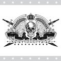 Skull front view with a lower jaw in center palm wreath and cross swords behind. Heraldic vintage label isolated Royalty Free Stock Photo