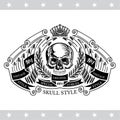 Skull front view without a lower jaw in center between wreath and bend arrows. Heraldic vintage label isolated