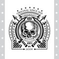 Skull front view without a lower jaw between round swords and cross arrows behind. Vintage label isolated