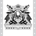 Skull front view without lower jaw between winding ribbons cannons and cross swords behind. Heraldic vintage label isolated