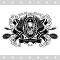 Skull front view with a lower jaw between wings, ribbons and cross old weapons. Vintage label isolated