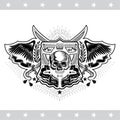 Skull front view without a lower jaw between wings, ribbons and cross sabers. Vintage label isolated