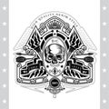 Skull front view between ribbon, cross arrows and torch. Heraldic vintage label isolated