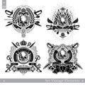 Skull front view with vintage weapon, wreath, line pattern. Set of vintage and nautical banners on white Royalty Free Stock Photo