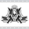 Skull front view between winding ribbons, cannons and cross swords. Heraldic vintage label isolated