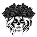 Skull girl in a flower wreath. Black and white illustration.