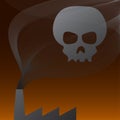 Skull in gradient ribbon smoke air pollution from factory chimney on orange sky background