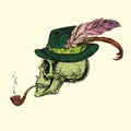 Skull in green hat with yellow ribbon and fancy feathers smoking pipe, hand drawn doodle, sketch in woodcut style