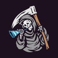 Skull grim reaper blow the trumpet and holding the sickle logo. happy new year. vector illustration