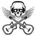 Vector skull in headphones with guitars. Logo for shirt, musical poster