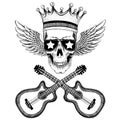 Vector skull with wings in crown with guitars. Logo for shirt, musical poster Royalty Free Stock Photo