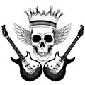 Vector skull with wings in crown with guitars. Logo for shirt, musical poster Royalty Free Stock Photo