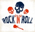 Skull in Hard Rock music vector logo or emblem, aggressive skull dead head Rock and Roll label, Punk festival concert or club,