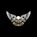 Skull head with cross piston with wing vector for automotive or motorcycle club logo badge template
