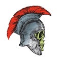 Skull in helmet of the Roman Legionnaire, hand drawn doodle, sketch in woodcut style