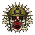 Skull in helmet. T-shirt print concept. Soldier skull. Vector illustration.
