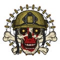 Skull in helmet. T-shirt print concept. Soldier skull. Vector illustration.