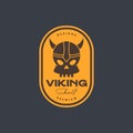 skull helmet warrior viking nordic fairy tale vintage badge logo design vector icon illustration