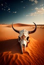 Skull of a horned animal in the desert sands. AI generated.