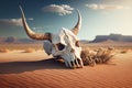 Skull of a horned animal in the desert sands. AI generated.