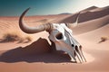 Skull of a horned animal in the desert sands. AI generated.