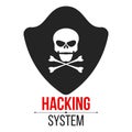 Skull icon with shield on white background. The hacker hacked the system. Cyber crime and piracy. Web programming. Icon in a flat