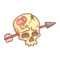 Skull with inscription love is dead pierced by arrow. Colorful cartoon illustration