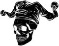 black silhouette of Skull in jester hat. vector illustration