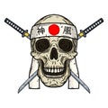 Skull of kamikaze with hachimaki and crossed katanas. Cartoon skull. Vector illustration.