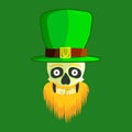 Skull of leprechaun on a green background with a gold tooth and a green hat. St. Patrick s Day vector illustration.