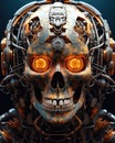 a skull made of metal and orange lights