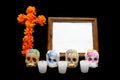Candy in the shape of a skull made of sugar and amaranth to decorate the offering with candles for the Day of the Faithful Dead an
