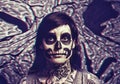 Skull, makeup and portrait of woman with decoration for festival, Halloween and day of the dead. Creative, costume and Royalty Free Stock Photo