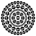 Skull mandala design, Halloween decoration pattern with Mexican skulls in black on white background