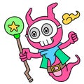 skull masked creature emoticon. a witch carrying a magic wand to gather strength doodle icon image kawaii
