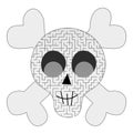 Skull maze for kids, halloween riddle for children books, logical printable activity, find solution from labirynth