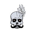 Skull with a mustache and a branch of a plant. Boho design for witch tattoo, sticker, doodle sketch, magic hand drawn vector