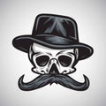 Skull Mustache Gentleman in Hat. Vintage Illustration