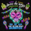 Skull neon sign. Day of the Dead Dia de Muertos . Neon sign, bright signboard, light banner. Cactus in sombrero in neon style Royalty Free Stock Photo