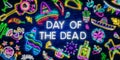 Skull neon sign. Day of the Dead Dia de Muertos . Neon sign, bright signboard, light banner. Royalty Free Stock Photo