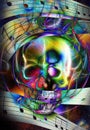 Skull and note. Skull fractal effect and fire effect. Color space background, computer collage.