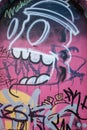 Graffiti featuring a stylized skull with exaggerated teeth and eyes on a pink wall. Shoreditch, UK Royalty Free Stock Photo