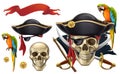 Skull and parrot. Pirate emblem. vector icon set