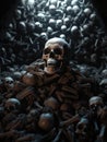 A skull peers out from a pile of bones in a forgotten crypt its hollow eyes staring out into the darkness. Gothic art