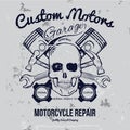 Skull and Pistons. t-shirt graphic. Vector