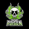 Skull poison toxic mascot gaming logo design template with green fire