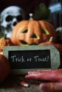 Skull, pumpkins and text trick or treat Royalty Free Stock Photo