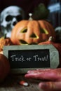 Skull, pumpkins and text trick or treat