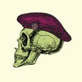 Skull in purple beret with pink jewelry brooch, hand drawn doodle